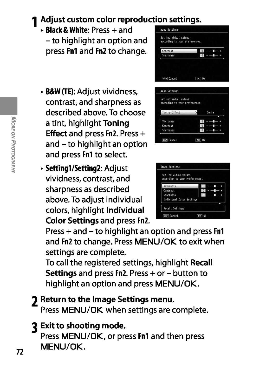 Ricoh GXR manual 2, Adjust custom color reproduction settings Black & White Press + and, Return to the Image Settings menu 